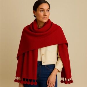 Alpaca Angora Knit Wrap Shawl Raspberry Red Pom Pom Trim Peruvian Soul handcraft